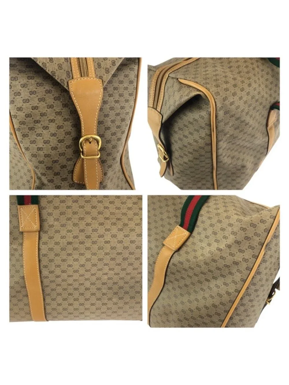 Gucci Vintage Sherry Line Micro GG Beige Gold Leather Boston
